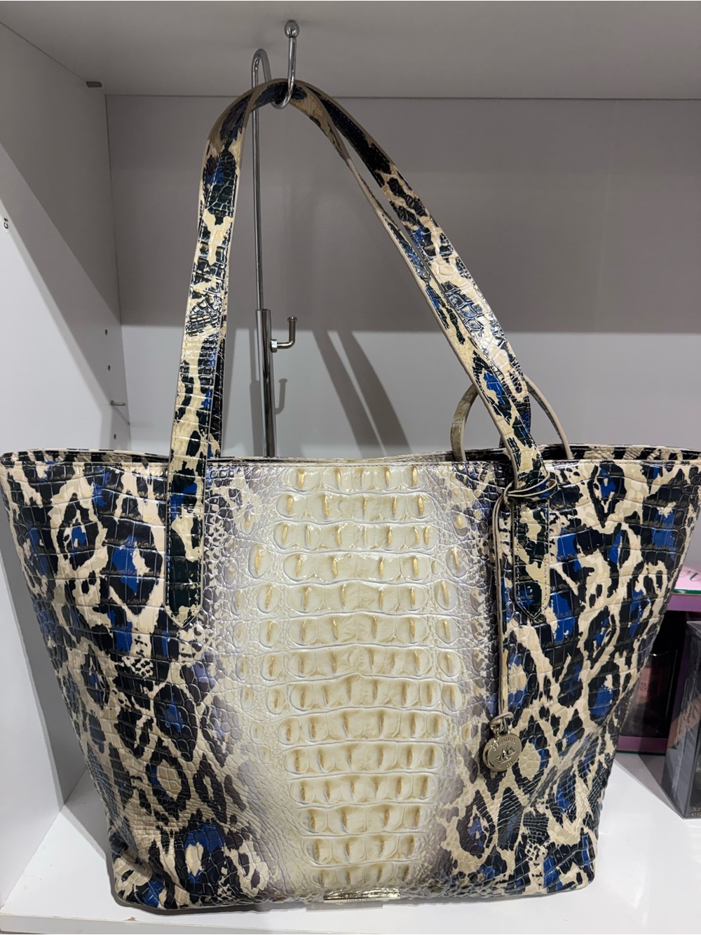 Brahmin Brooke with pouch Croc-Embossed Leopard Tote in Cream and Blue - Picture 2 of 6